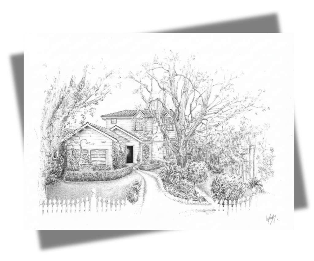 Black-and-white pen and ink drawwing of a two-story house with a curved driveway and tall trees in the yard, front fence visible.
